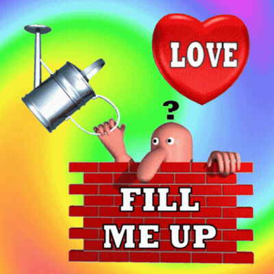 A Cartoon Of A Man Holding A Watering Can With The Words Love Fill Me Up Written On A Brick Wall GIF