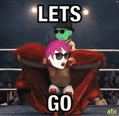 A Cartoon Of A Man Holding A Woman In A Boxing Ring With The Words Lets Go GIF