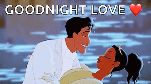 A Cartoon Of A Man Holding A Woman In His Arms With The Words " Goodnight Love " Above Them GIF