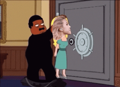 A Cartoon Of A Man Holding A Woman 'S Head In A Vault GIF