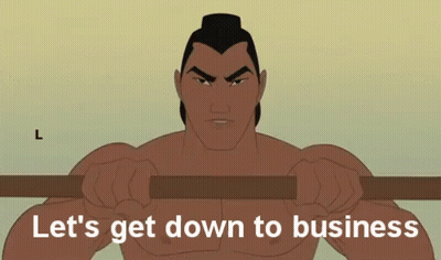 A Cartoon Of A Man Holding A Wooden Bar With The Words `` Let 'S Get Down To Business '' . GIF
