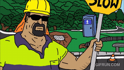A Cartoon Of A Man Holding A Yellow Sign That Says Slow GIF