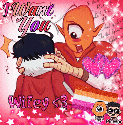 A Cartoon Of A Man Holding Another Man With The Words " I Want You Wifey < 3 " On The Bottom GIF