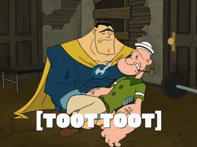 A Cartoon Of A Man Holding Another Man With The Words [ Toot Toot ] Below Them GIF