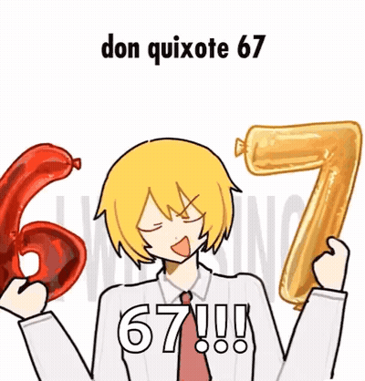 A Cartoon Of A Man Holding Balloons With The Number 67 On It GIF