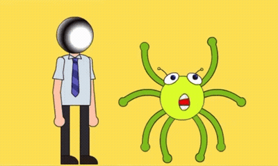 A Cartoon Of A Man Holding His Head And A Spider GIF