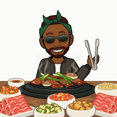 A Cartoon Of A Man Holding Tongs In Front Of A Table Full Of Food GIF