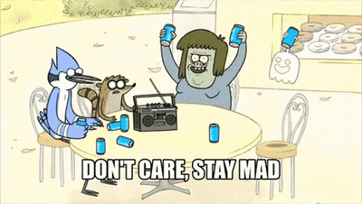 A Cartoon Of A Man Holding Two Soda Cans With The Caption " Don T Care Stay Mad " GIF