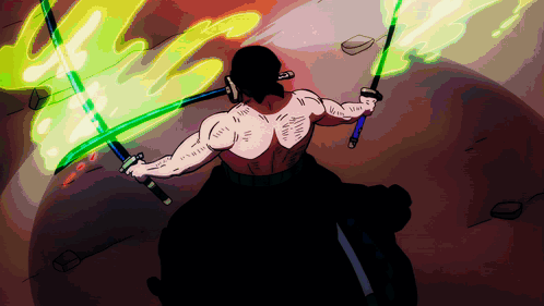 A Cartoon Of A Man Holding Two Swords With Green Flames Coming Out Of Them GIF