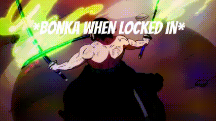 A Cartoon Of A Man Holding Two Swords With The Words `` Bonka When Locked In '' Written Below Him . GIF