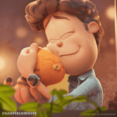 A Cartoon Of A Man Hugging A Stuffed Animal With The Hashtag #Garfieldmovie On The Bottom GIF