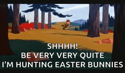 A Cartoon Of A Man Hunting Easter Bunnies In A Forest GIF