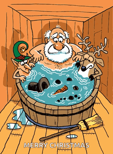 A Cartoon Of A Man In A Bathtub With The Words Merry Christmas On The Bottom GIF