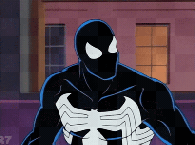 A Cartoon Of A Man In A Black And White Spiderman Suit With A R7 Logo In The Corner GIF