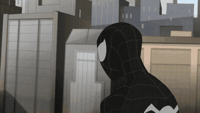 A Cartoon Of A Man In A Black Spiderman Suit GIF