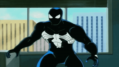 A Cartoon Of A Man In A Black Spiderman Suit Standing In Front Of A Window GIF