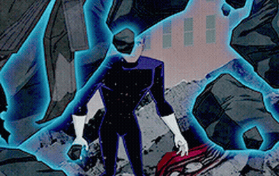 A Cartoon Of A Man In A Black Suit Standing On A Pile Of Rocks GIF