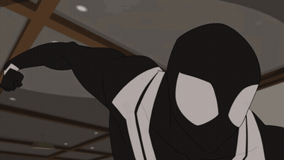 A Cartoon Of A Man In A Black Suit With A White Spider On It GIF