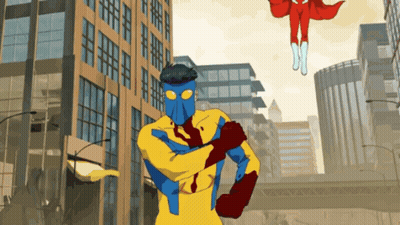 A Cartoon Of A Man In A Blue And Yellow Superhero Costume GIF