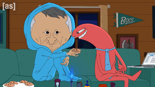 A Cartoon Of A Man In A Blue Hoodie And A Red Monster With A Boss Banner Behind Them GIF