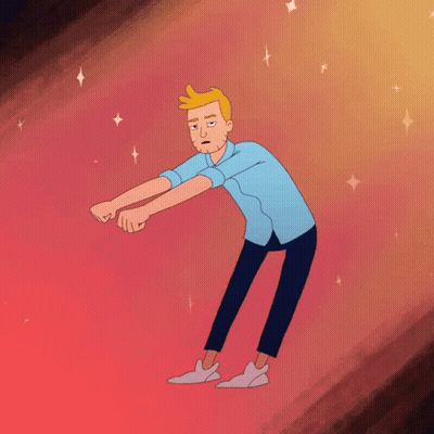 A Cartoon Of A Man In A Blue Shirt And Black Pants Standing On A Red Surface . GIF