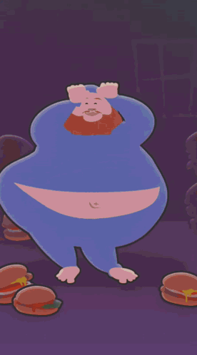 A Cartoon Of A Man In A Blue Suit Standing In Front Of Some Hamburgers GIF