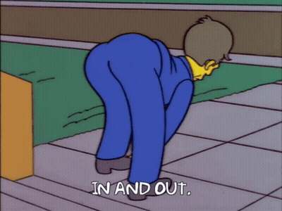 A Cartoon Of A Man In A Blue Suit With The Words In And Out Below Him GIF