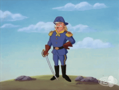 A Cartoon Of A Man In A Blue Uniform Holding A Sword With The Words In2tv Below Him GIF