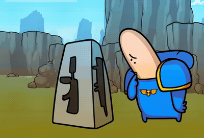 A Cartoon Of A Man In A Blue Uniform Standing Next To A Gun GIF