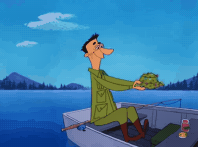 A Cartoon Of A Man In A Boat With A Large Fish On His Head GIF