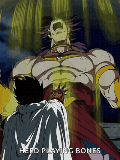 A Cartoon Of A Man In A Cape Standing In Front Of A Monster With The Words " Heed Playing Bones " GIF