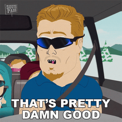 A Cartoon Of A Man In A Car With The Words That 'S Pretty Damn Good Below Him GIF