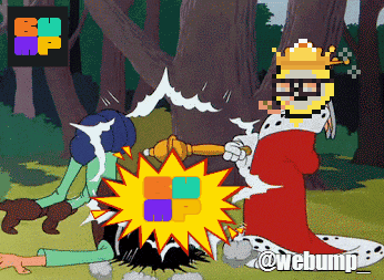 A Cartoon Of A Man In A Crown Holding A Sword With The Hashtag Webbump_ GIF