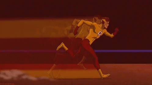 A Cartoon Of A Man In A Flash Costume Running In A Dark Room . GIF