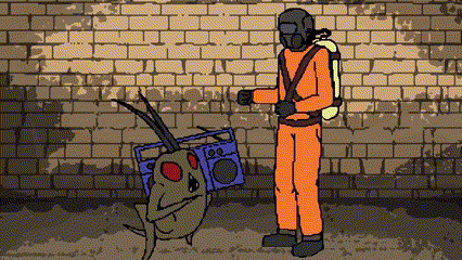 A Cartoon Of A Man In A Gas Mask Standing Next To A Bug Holding A Radio GIF