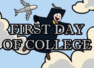 A Cartoon Of A Man In A Graduation Cap And Gown Flying In The Air With The Words First Day Of College Below Him GIF