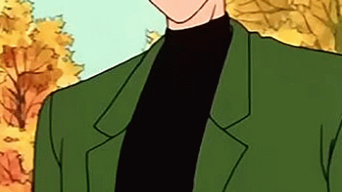A Cartoon Of A Man In A Green Jacket And Black Turtleneck . GIF