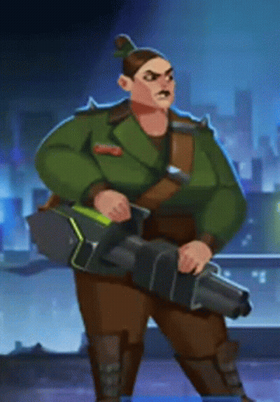 A Cartoon Of A Man In A Green Jacket Holding A Large Gun GIF