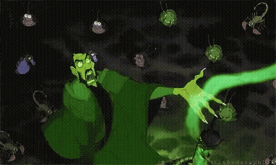 A Cartoon Of A Man In A Green Robe Surrounded By Bugs GIF