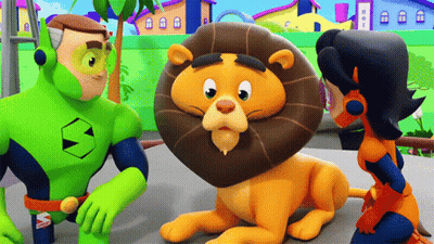 A Cartoon Of A Man In A Green Superhero Suit Talking To A Lion And A Woman In An Orange Superhero Suit GIF