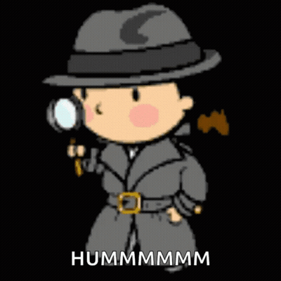 A Cartoon Of A Man In A Hat Holding A Magnifying Glass With The Words Hummmmmm Written Below Him GIF