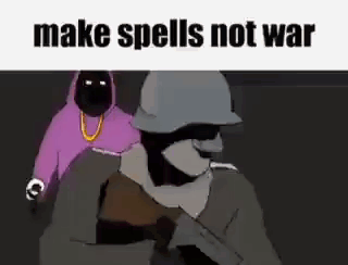 A Cartoon Of A Man In A Helmet With The Words `` Make Spells Not War '' Written Above Him . GIF