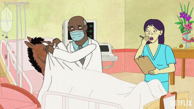 A Cartoon Of A Man In A Hospital Bed With The Word Netflix On The Bottom Left GIF
