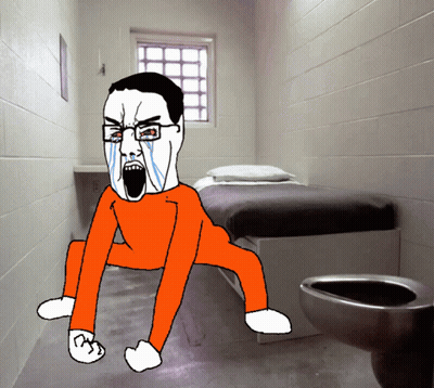 A Cartoon Of A Man In A Jail Cell With A Bed And A Toilet GIF