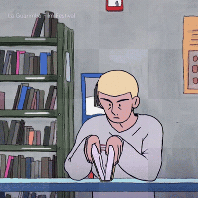 A Cartoon Of A Man In A Library With La Guarimba Film Festival Written On The Bottom Right GIF