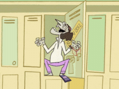 A Cartoon Of A Man In A Locker With A Sign That Says 2012 On It GIF