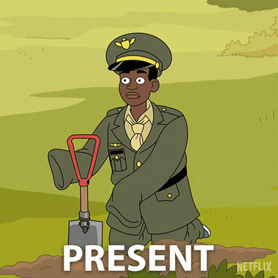 A Cartoon Of A Man In A Military Uniform Holding A Shovel With The Word Present Written Above Him GIF
