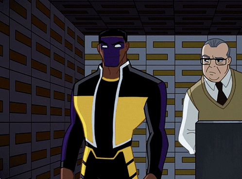 A Cartoon Of A Man In A Purple And Yellow Suit Standing Next To Another Man GIF