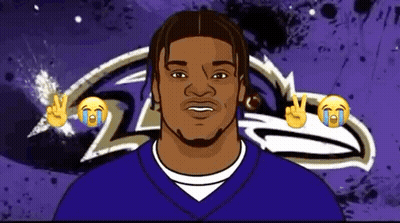 A Cartoon Of A Man In A Purple Jersey With Tears Coming Out Of His Eyes And A Peace Sign . GIF