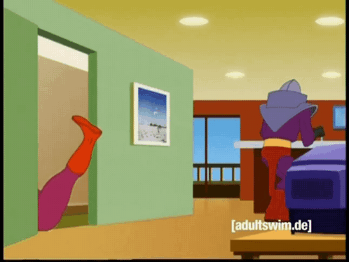 A Cartoon Of A Man In A Purple Superhero Costume With Adultswim.de At The Bottom GIF